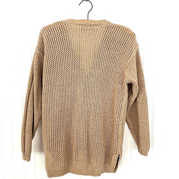 Vintage Fisherman's Sweater Hand Knit Beige Rope Net V-Neck Cardigan Wood Button - Picture 8 of 13